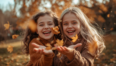 Two girls laugh heartily as they enjoy a playful moment in a park filled with vibrant autumn leaves. Sunlight filters through the trees, creating a warm atmosphere.の素材