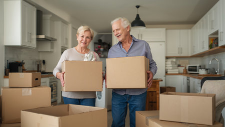 Two women are unpacking boxes in a bright living space. They are smiling while organizing household items. The room is filled with cardboard boxes and a cozy atmosphere.の素材