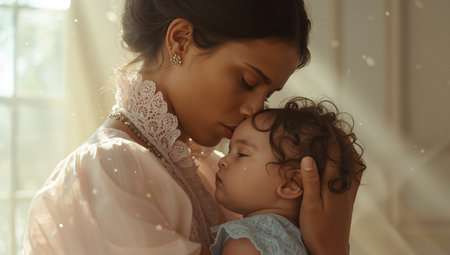 A mother lovingly holds her baby close, both gazing softly at each other. Sunlight filters through the window, creating a warm and peaceful atmosphere in the cozy room.の素材