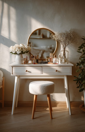 A cozy vanity table is surrounded by fresh flowers and beauty products. Soft sunlight filters through the curtains, enhancing the calming atmosphere of the room.の素材