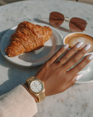 A hand adorned with rings and a watch rests near a cup of coffee and a golden croissant. Stylish sunglasses sit in the background on a marble table under bright sunlight.の素材