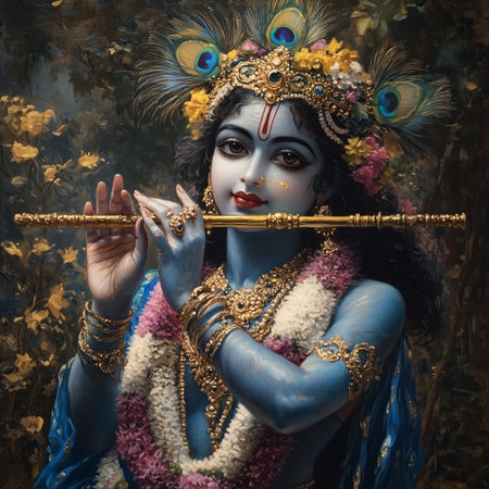 A graceful figure in rich attire plays a flute, adorned with peacock feathers and flowers, set in a serene natural background filled with vibrant blooms and greenery.の素材