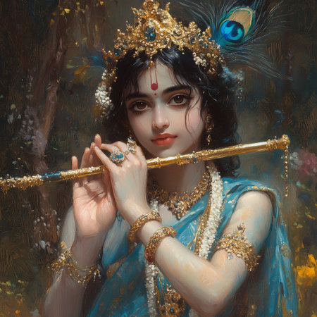 A graceful figure in rich attire plays a flute, adorned with peacock feathers and flowers, set in a serene natural background filled with vibrant blooms and greenery.の素材