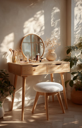 A stylish vanity table is adorned with beauty products and dried flowers, featuring a round mirror. Soft sunlight filters through a curtain, creating a warm, inviting atmosphere.の素材