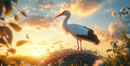 A stork rests elegantly on its nest, looking out at a stunning sunset. The scene is filled with blooming flowers and soft light, creating a peaceful atmosphere.の素材