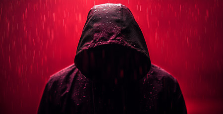 A shadowy figure wearing a black hoodie stands still in the rain, droplets glistening against the backdrop of intense red light, creating an eerie atmosphere.の素材