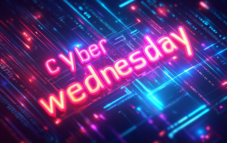 Neon text announces Cyber Wednesday against a backdrop of glowing lines and patterns in a digital space. The colorful lights create a lively atmosphere for online shopping.の素材
