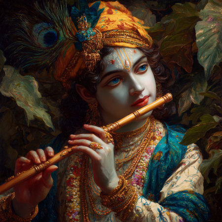 A serene scene shows a young flute player in traditional attire, playing melodious tunes among vibrant foliage as the sun sets, creating a peaceful atmosphere.の素材