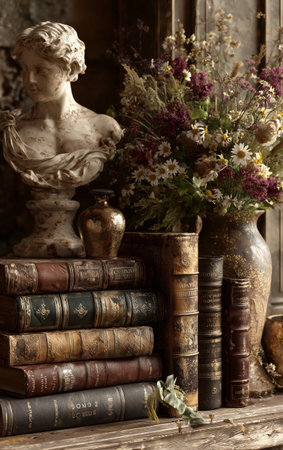 A collection of vintage books are stacked beside an elegant statue and a vase filled with dried flowers, creating a warm and inviting atmosphere in a rustic room.の素材