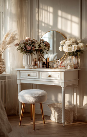 A cozy vanity table is surrounded by fresh flowers and beauty products. Soft sunlight filters through the curtains, enhancing the calming atmosphere of the room.の素材