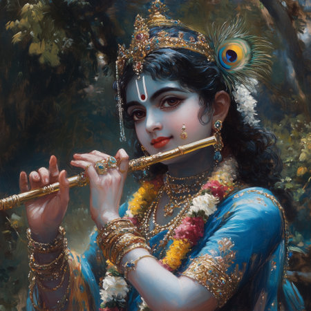 Krishna plays a golden flute surrounded by lush greenery. He wears colorful garments and floral ornaments, embodying peace and joy in a tranquil forest at dusk.の素材
