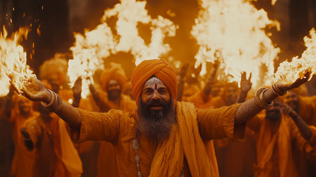A group of colorful participants, dressed in orange, joyfully celebrate a festival while performing with fire, creating a captivating spectacle of light and energy at dusk.の素材