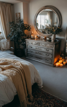 Soft morning light filters into the room, illuminating a stylish bed with fluffy blankets and decorative pillows. Elegant furniture and plants enhance the tranquil vibe of the space.の素材