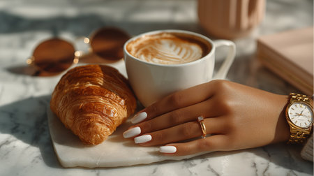 A hand with elegant nails rests on a marble table beside a warm croissant and a cup of coffee. Sunglasses and a book are nearby, capturing a peaceful morning scene.の素材