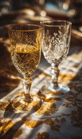 Two intricately designed crystal glasses sit on a table, catching golden sunlight. The warm glow enhances the beauty of the glassware and adds charm to the setting.の素材