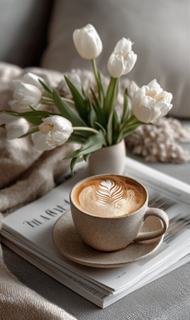 A cup of latte art sits on a saucer next to an open book on a soft blanket. White tulips in a vase add charm to this relaxing morning atmosphere.の素材