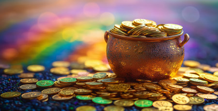A pot overflowing with shiny gold coins sits on a vibrant surface. A soft rainbow arches in the background, adding a magical touch to the bright daytime scene.の素材