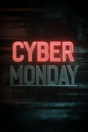 Colorful neon lights spell out Cyber Monday against a dark digital background, signifying the start of online shopping promotions and deals for consumers.の素材