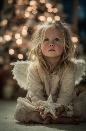 A young child with sparkly wings kneels on the floor, gazing up with wonder while holding a glowing decoration.の素材