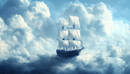 A grand sailing ship with white sails glides smoothly among fluffy clouds under a bright blue sky during the day, creating a dreamlike atmosphere.の素材