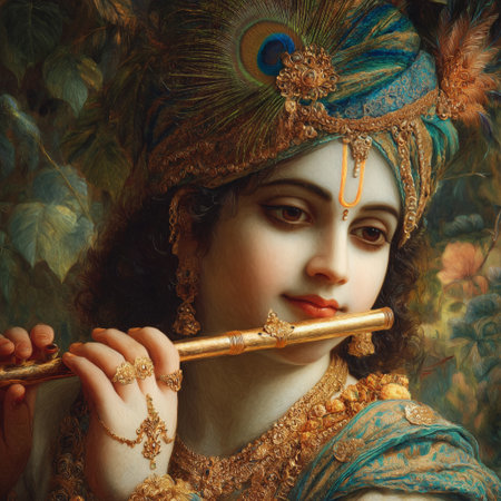 A young musician plays a golden flute amidst lush greenery, wearing traditional attire adorned with flowers and jewels, capturing a moment of artistic beauty and cultural heritage.の素材