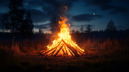 A vibrant bonfire burns brightly in a grassy area at night. The flames dance and spark against the dark sky, creating a warm, inviting atmosphere around the campsite.の素材