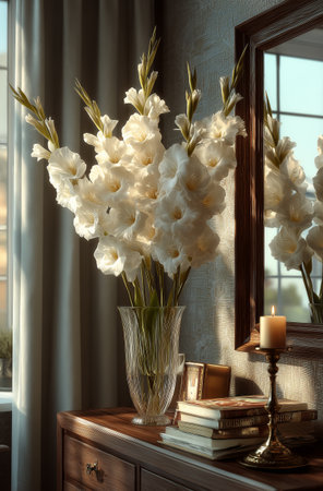 White gladiolus blossoms stand tall in a clear vase, casting gentle shadows on a wooden table. The scene is warm and inviting, enhanced by soft evening light and decor elements.の素材