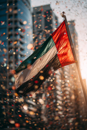 A vibrant UAE national flag waves proudly while colorful confetti falls during a festive celebration in an urban setting at sunset. Buildings tower in the background.の素材