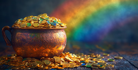 A pot filled with shiny gold coins spills over onto a surface, creating a sparkling scene. The background glows with rainbow colors, adding a magical effect to the display.の素材