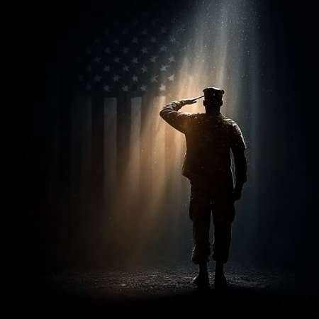 A soldier stands in profile, saluting with respect in a dark setting, illuminated by a beam of light. The scene captures a moment of honor and seriousness.の素材