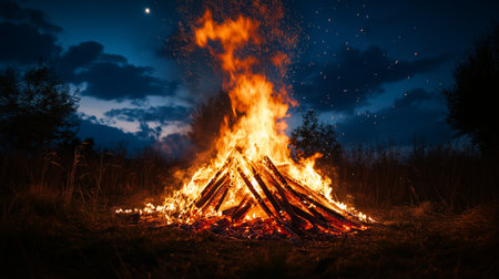 A vibrant bonfire burns brightly in a grassy area at night. The flames dance and spark against the dark sky, creating a warm, inviting atmosphere around the campsite.の素材