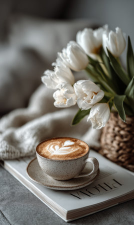 A latte with intricate art rests on an open book, surrounded by soft fabrics. Fresh white tulips in a vase add a touch of elegance and warmth to the serene morning scene.の素材