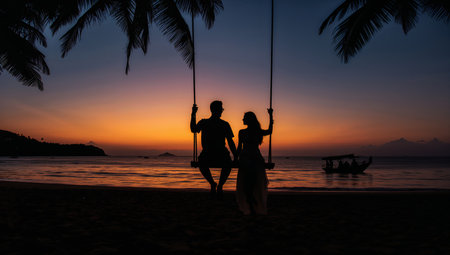A couple shares a moment on swings at the beach as the sun sets behind them, casting vibrant colors in the sky. The calm waters shimmer nearby, creating a peaceful atmosphere.の素材