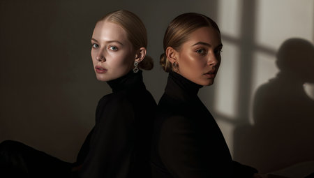 Two women with elegant hairstyles and black clothing sit back to back. They showcase a striking composition with soft shadows enhancing their features in a calm, studio setting.の素材