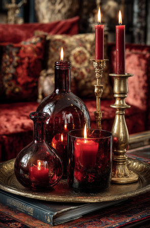 A beautifully arranged tray features elegant candles and decorative glass bottles, casting a warm glow in a cozy interior. Soft colors and rich textures enhance the inviting atmosphere.の素材