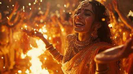 A woman dressed in a beautiful traditional outfit smiles joyfully while surrounded by a crowd during a lively festival. Fireworks light up the night sky creating a festive atmosphere.の素材