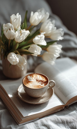 A cup of latte art sits on a saucer next to an open book on a soft blanket. White tulips in a vase add charm to this relaxing morning atmosphere.の素材