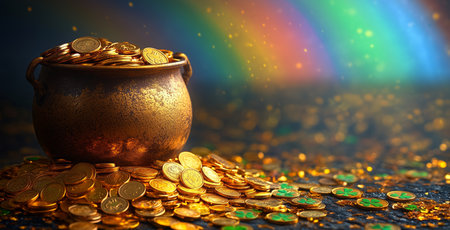 A pot filled with shiny gold coins spills over onto a surface, creating a sparkling scene. The background glows with rainbow colors, adding a magical effect to the display.の素材