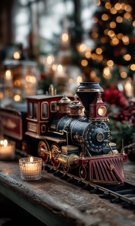 A detailed model train winds along a rustic track, surrounded by glowing lanterns and festive decor, creating a warm atmosphere for winter celebrations in a cozy setting.の素材