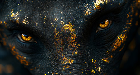 A captivating close-up reveals the intricate patterns on the dark animals skin, glistening with gold. Its bright eyes reflect curiosity, set against a soft outdoor background.の素材