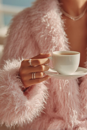 A person enjoys a warm cup of coffee while wearing a soft pink robe. Their hand showcases elegant rings, creating a cozy and stylish morning scene.の素材