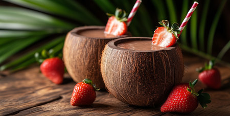 Two coconut cups filled with chocolate strawberry drinks sit on a wooden surface. Fresh strawberries and green leaves surround the cups, creating a vibrant, tropical feel.の素材