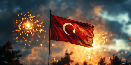 A Turkish flag waves proudly as colorful fireworks light up the sky during a nighttime celebration. The vibrant scene captures the spirit of festivity and national pride.の素材