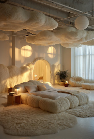 This bedroom features a plush, oversized bed surrounded by soft textures, warm lighting, and a tranquil atmosphere, creating a relaxing retreat in a natural-inspired space.の素材