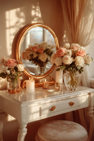 A beautifully arranged vanity table features a round mirror, a vase of pink and white roses, and lit candles, all bathed in warm evening light.の素材