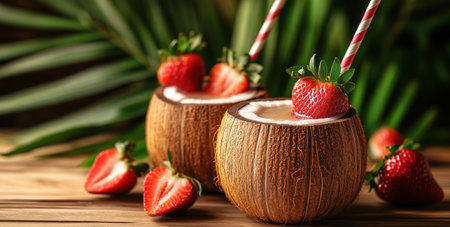 Two coconut cups filled with creamy coconut water rest on a wooden table, decorated with fresh strawberries. Lush green leaves surround the scene, creating a vibrant atmosphere.の素材