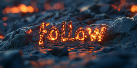 Bright orange text reading follow is set against dark volcanic rock, illuminated by flowing lava in a dramatic and intense scene during the night.の素材