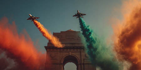 Two military jets soar through a clear sky, leaving trails of orange and green smoke as they perform an aerial display above an iconic arch. The scene captures excitement and patriotism.の素材
