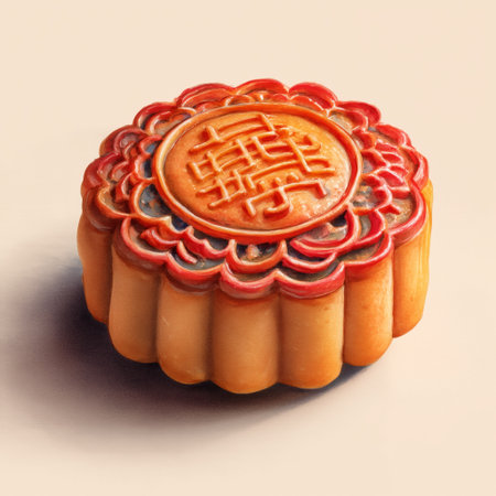 A beautifully crafted mooncake features a detailed design, reflecting rich culture during the Mid-Autumn Festival. This traditional pastry represents joy and family gatherings.の素材