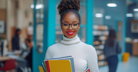 A woman with curly hair and glasses smiles while holding colorful notebooks in a bright library. People are seen studying and working in the background, creating a busy atmosphere.の素材